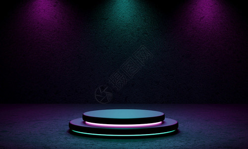 抽象的圆圈Cyberpunk产品讲台平演播室配有蓝色和紫聚光灯花纹风格的文字背景回溯阶段和未来场景概念3D插图墙图片