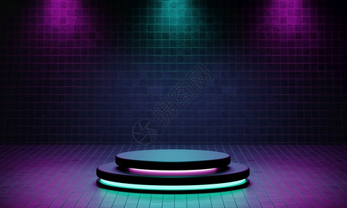 未来主义内部的Cyberpunk产品讲台平演播室配有蓝色和紫聚光灯花纹风格的文字背景回溯阶段和未来场景概念3D插图紫色的图片