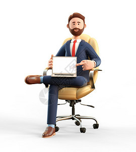 大胡子互联网3D快乐笑的商人用空白笔记本电脑指向空白的笔记本电脑Cartoon指着手在办公室工作坐在滚动扶椅上被白背景孤立的卡通图片