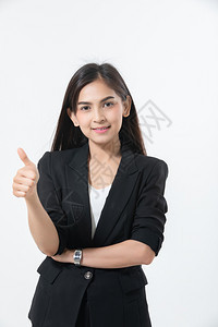 肖像亚洲商业妇女笑着并举起手印牌以在白背景上工作快乐成功和获胜的概念公司淑女图片