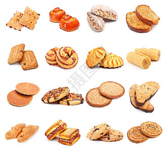 白色背景上隔开的不同甜蜜面包店套装棕色的糕点曲奇饼图片