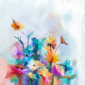 艺术品花的充满活力在画布上绘制抽象的彩色油画半抽象的鲜花图黄色和红以及蓝的紫红黄手画笔刷油彩绘画现代艺术油作为背景图片
