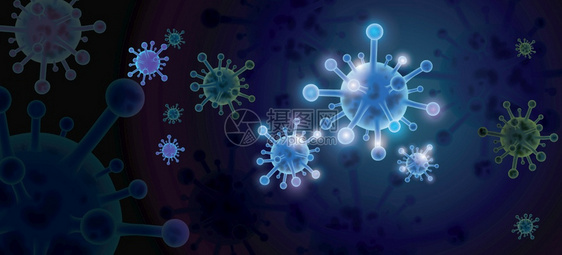 2019ncov的Corona设计符号以抽象蓝色背景为主的COVID19疾病细胞感染爆发和大流行医疗健康风险壁纸矢量插图概念向沟图片