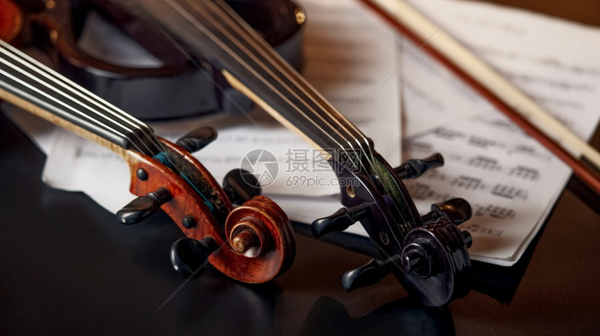 音乐家Retro小提琴和现代电动比奥拉闭路观没有人两架古典乐器背景Retro小提琴和电动viola音乐笔记本闭路观玩大提琴图片