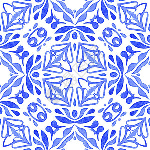 装饰蓝色和白手抽象画蓝白色的纹质瓷砖无缝装饰水彩色颜模式织物和壁纸背景页面的古老传统纹理填充Azulejo瓷砖设计风格无缝图案手图片