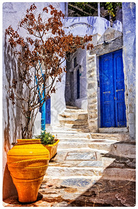 门镇古希腊村庄阿摩戈斯岛的迷人狭窄街道优质的高清图片