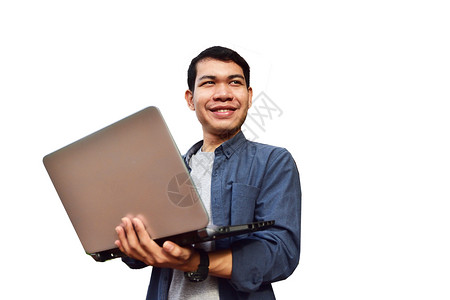 亚洲男子持有白背景电脑笔记本无线技术型本电脑沟通行政人员承包商图片