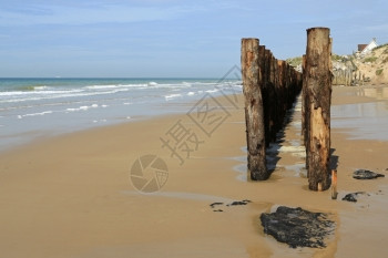 力量法国海岸作为断浪器的木电杆景观风图片