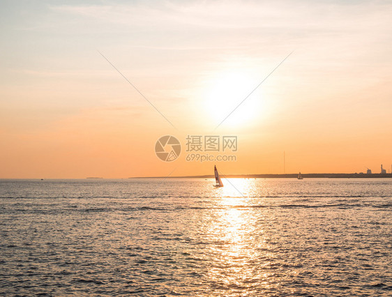 芬兰湾日落时乘船在黄夕海上航行乘帆船在芬兰湾日落时夏天轮廓划船图片