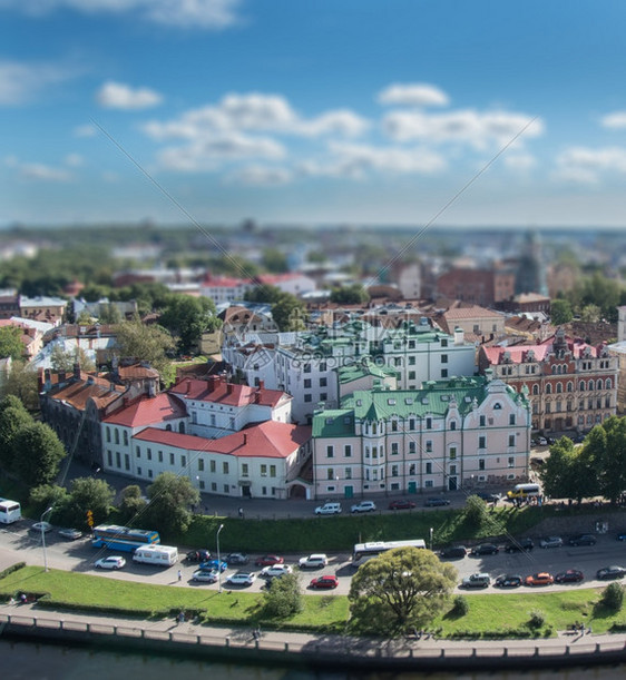 俄语最佳Vyborg城堡的全景和从Vyborg城堡Tirtleft效应中Vyborg城堡的望塔全景和木板路建筑学图片