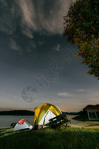 人们兰姆夜景以帐篷和天空为焦点在KhaoLaem公园的幕后星空中充满营火图片