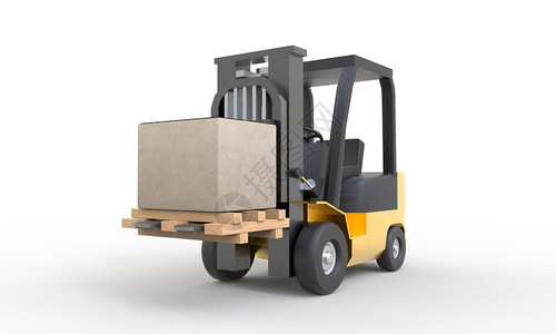 电梯黄色叉车移动和举起白色背景的纸板箱托盘运输和工业概念运输与交付储存3D插图显示Namei包裹货物图片