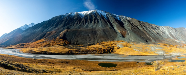 高原秋天全景是阿尔泰一条流经阿尔泰山脉和该地区自然的山河流全景是阿尔泰一条流动在阿尔泰山脉和该地区自然之间的山河流图片