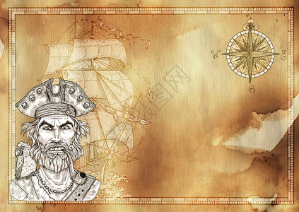 特点帆与水手用古老的风格工绘画雕刻的航海图示优质图片