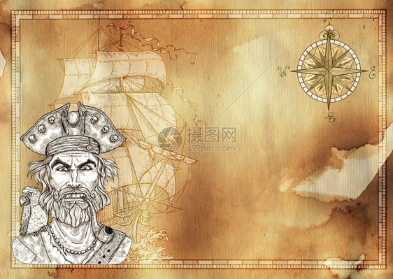 特点帆与水手用古老的风格工绘画雕刻的航海图示优质图片