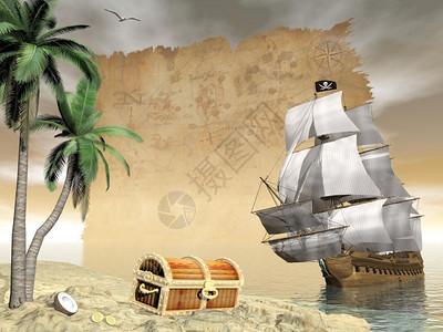 飞行黑色的航海悬挂黑色乔利罗杰船旗的海盗只在洋上漂浮驶向一个岛屿显示宝箱由云状日落海鸥飞翔旧等显示宝盒背景图片