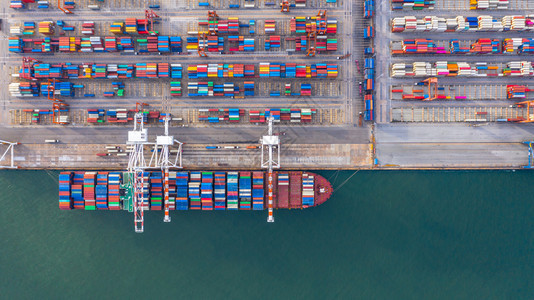 深海港集装箱船卸公海集箱船商业物流进出口货运空中俯视图横滨深的新图片
