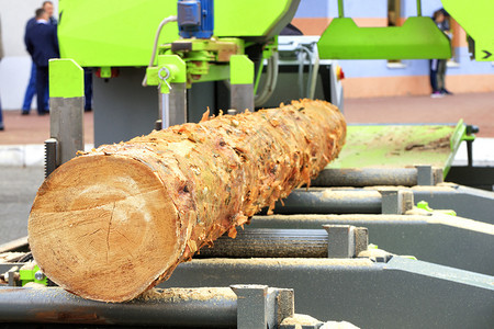 机械正面木工材松板将从现代自动锯木厂的大型原中制成一个现代锯木厂飞过来的大型原木树图片