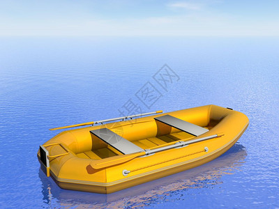河一艘黄充气船乘日光在海面上由3D型反充气船桨塑料图片