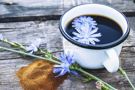 夏天白色的杯菊苣饮料和粉附近的花朵菊苣茶健康饮食概念咖啡替代品白杯菊苣饮料和粉附近的花朵健康饮食概念草本图片