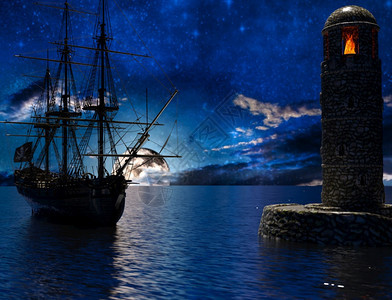 神秘水旧灯塔附近的海盗帆船月光下着火3d渲染老灯塔附近的海盗帆船月光下着火亮图片