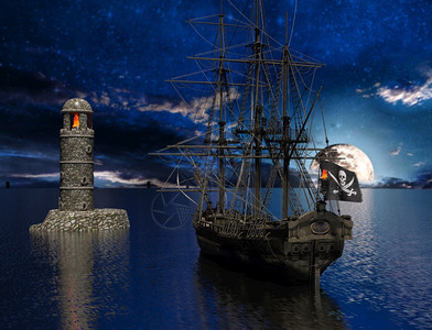 旧灯塔附近的海盗帆船月光下着火3d渲染老灯塔附近的海盗帆船月光下着火鹅卵石海滨旗帜图片