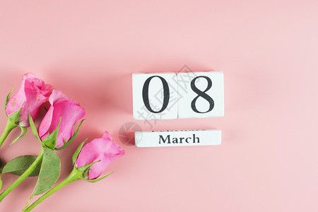 白色的粉红玫瑰花和3月8日粉红背景历复制文本爱平等和国际妇女节概念的空间卡片女孩图片