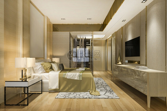 软垫3d在酒店提供豪华现代卧室套房和衣柜在中行走屋自在图片
