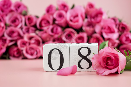 庆典粉红玫瑰花和背景第8位数复制文本爱平等与国际妇女节概念的版面空间数字月图片