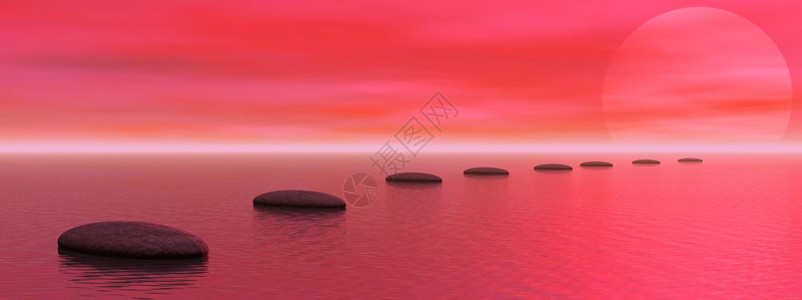 平静的灰色石块在海面上步入太阳由红日落走向太阳一步结石景观图片