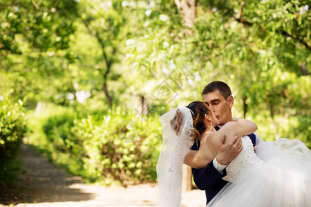 幸福已婚新夫妇亲爱娘和郎在公园的亲吻背景图片