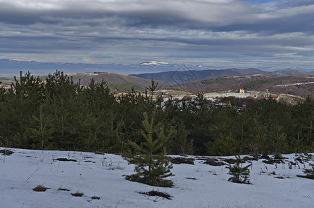 谷朝向云天冬季山雪地住宅区从Planta山到巴尔干或保加利亚欧洲的Stara平原的松木林和衰落森的大观松树图片