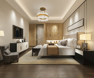 椅子床公寓3d在酒店提供豪华现代卧室套房和衣柜在中行走图片