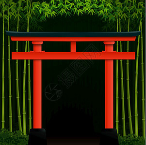 热带景观抽象的以红色日本门显示深竹林背景的矢量插图Name图片
