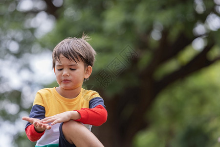 攀登一名男孩在公园的树枝上坐着身彩色鲜亮衣服并按摩由爬树引起的手掌一种扭伤背景图片