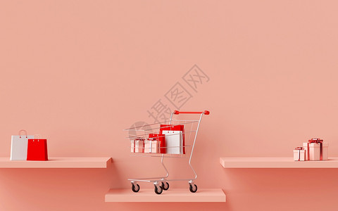网站设计购物袋和礼品的广告横幅背景以及粉红色背景的3D投影工具与购物车插图鞋礼图片