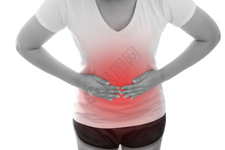 白种背景腹部疼痛的亚洲年轻妇女胃痛的健康问题不适腹泻症概念妇女胃痛健康问题苦抓住感染图片