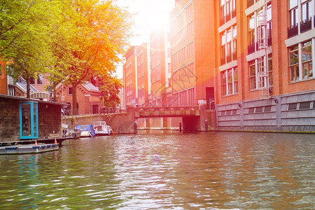 运输在阿姆斯特丹的运河阳光明媚的日子堤旅行图片