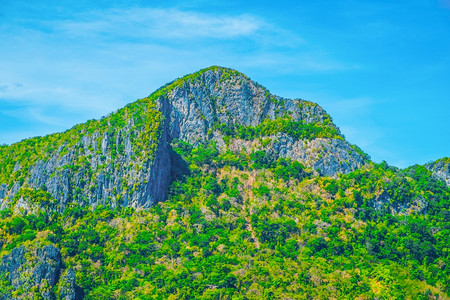 高的土地绿色落岩山脉林和蓝天空景观图片