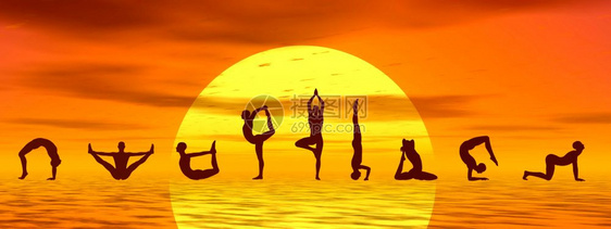 身体禅摆姿势日落前做瑜伽体式的人Silouhettes3D渲染图片