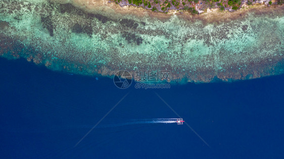 浮船从空中上向下俯冲在开阔海中游动珊瑚礁上空有清晰和松绿的水域离开热带环礁湖摩尔博阿岛奥斯陆b菲律宾宿务岛天线剩下菲律宾人图片