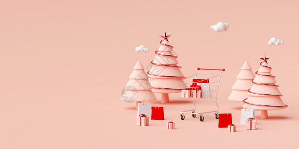 放销售信用Chrsitmas广告横幅背景用于网络设计购物袋和礼以及粉红色背景的3D投影图片