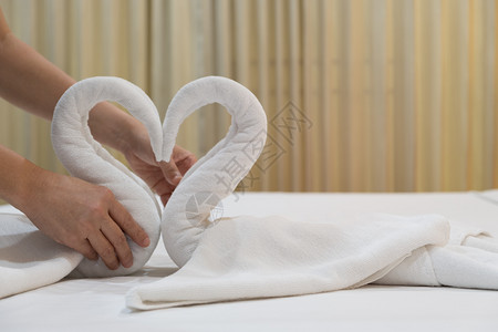 情人节女士保持在旅馆床单上贴鲜白浴巾的折叠天鹅鸟紧双手放在旅馆床单上图片