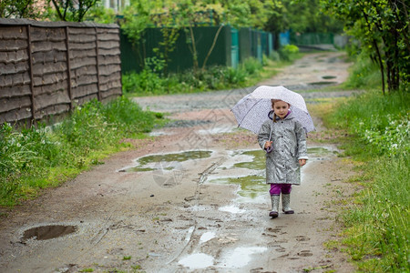 夏天走在雨中的小女孩打着雨伞水坑夏天走在雨中的小女孩打着雨伞橡胶学步的儿童孤独图片
