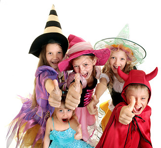 帽子儿童在万圣节巫女妖魔和公主展露缩略图的服装中工作室狂欢图片