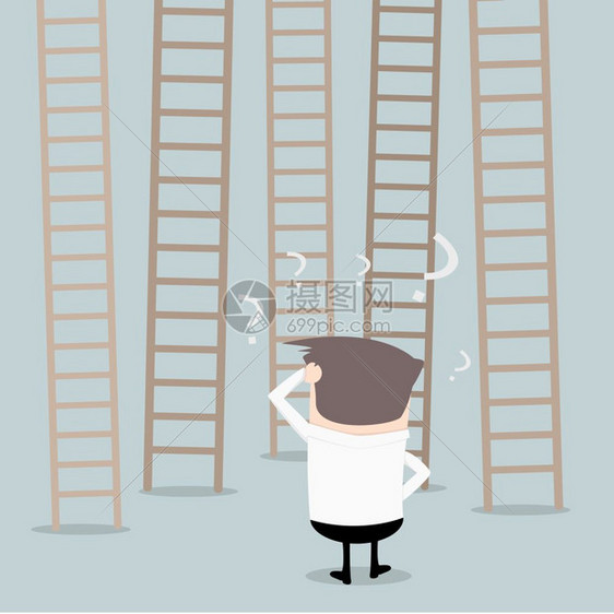 不确定制造一位商人站在不同的梯子前无法确定要爬上哪个梯子决策概念eps10矢量Eps10志向图片