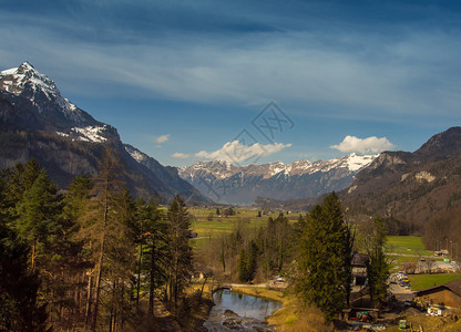 森林封顶具有绿色山谷和雪峰高的惊人瑞士风景新鲜的图片