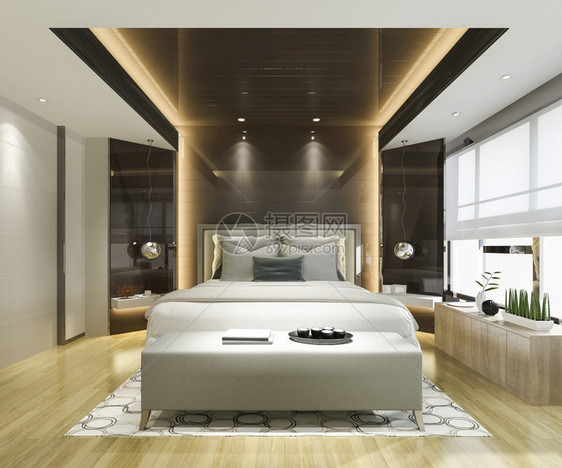 3D在酒店提供漂亮的豪华卧室套房有电视和黑镜子扶手椅书美丽的图片