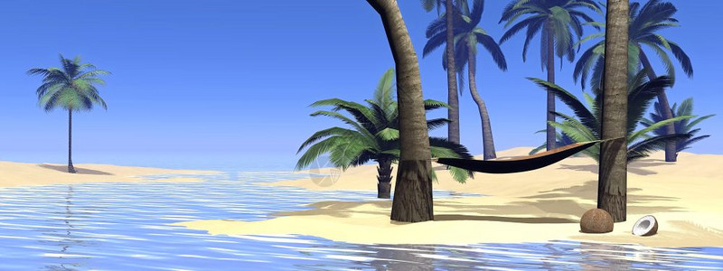 海洋清除热带滩上两棵棕榈树之间的Hammock通过美丽的天气放松3D弛图片