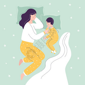美丽的母亲和儿子睡在床上童与父母一起睡觉的概念平面矢量卡通插图请见此幸福压痛妈图片